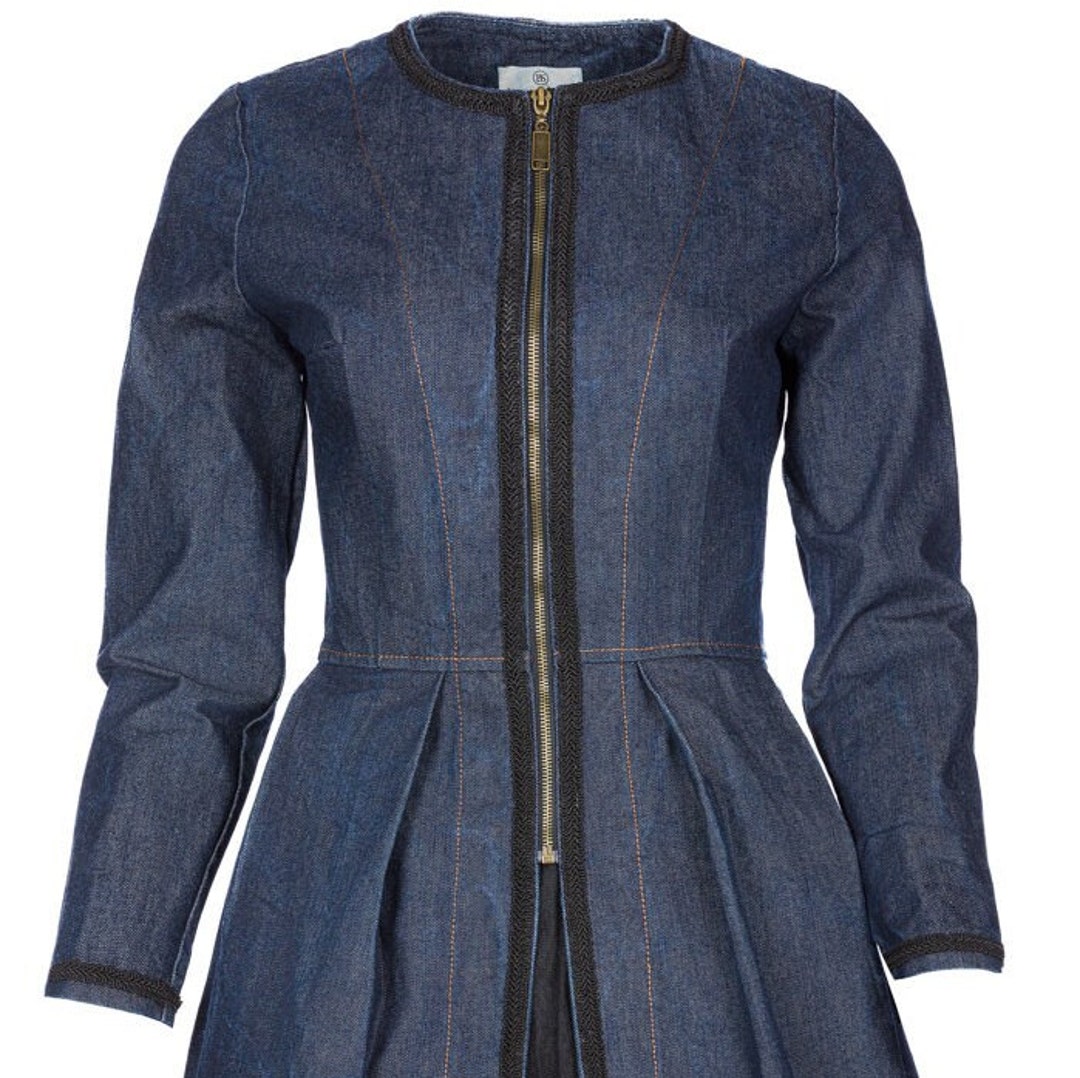 Denim Dress Coat With Zip and Long Sleeves.denim Kaftan/long Women's
