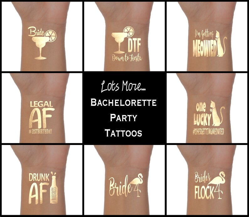 Puede incluir: Tatuajes temporales dorados para una despedida de soltera. Los tatuajes incluyen frases como "Bride", "Legal AF", "DTF Down to Fiesta", "I'm Getting Meowied", "One Lucky", "Drunk AF" y "Bride's Flock".