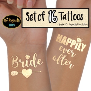 Gold Bachelorette Party Temporary Tattoos: Bride & Happily Ever After - Set of 16