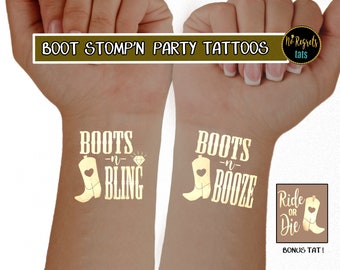 Boots n Bling Tattoos / Country Bachelorette party tattoos / bachelorette tattoo / Country bride / Boots n Booze / temporary tattoos / gold