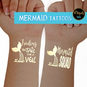 Mermaid Tattoos / Bachelorette party tattoos / Mermaid Themed / hen party favors / Mermaid Squad / Gold Metallic Tattoos / Beach wedding