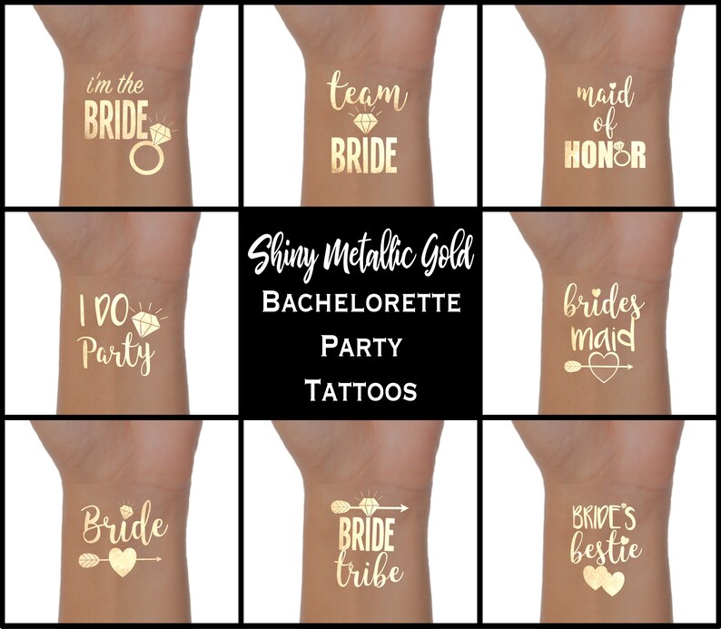 Puede incluir: Nueve tatuajes temporales dorados para una despedida de soltera. Los tatuajes incluyen frases como "I Do Party", "Bride Tribe" y "Bride's Bestie".