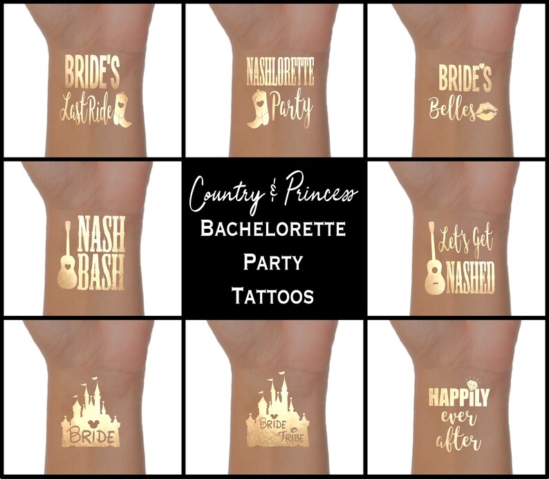 Puede incluir: Tatuajes temporales dorados para una despedida de soltera con temas de country y princesas. Los tatuajes incluyen frases como "Bride's Last Ride", "Nashlorette Party", "I Nash Bash", "Let's Get Nashed", "Bride's Belles", "Bride Tribe" y "Happily Ever After".