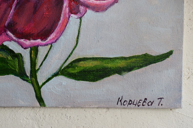 Peony oil painting. Painting of flowers. Bright picture of the flowers for the gift. Purple peony. Bright realistic painting Flower painting image 9