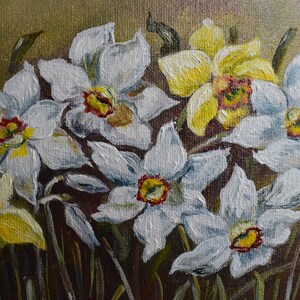 May include: A painting of a bouquet of white and yellow daffodils. The flowers are painted in a realistic style with visible brushstrokes. The background is a muted brown.