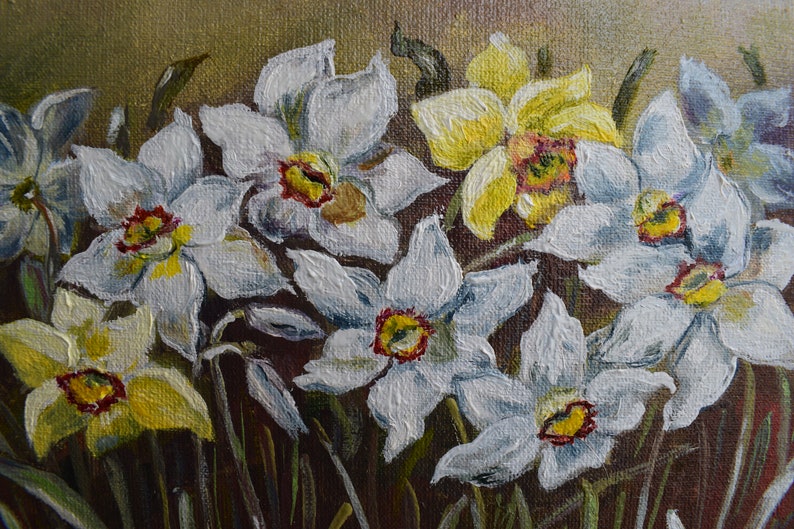 May include: A painting of a bouquet of white and yellow daffodils. The flowers are painted in a realistic style with visible brushstrokes. The background is a muted brown.