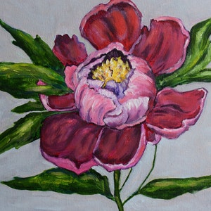 Peony oil painting. Painting of flowers. Bright picture of the flowers for the gift. Purple peony. Bright realistic painting Flower painting image 1
