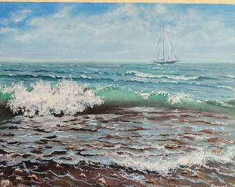 Océano tormentoso. Paisaje marino. Panel lienzo. 11,81 pulgadas x 15,75 pulgadas Olas Pintura marina Decoración de paredes Decoración del hogar Ondas translúcidas Decoración