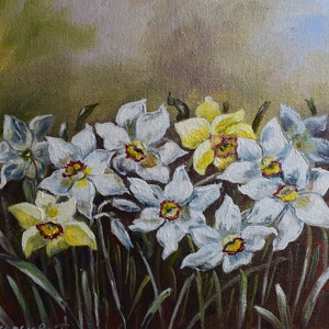 May include: A painting of a cluster of white and yellow daffodils with green stems against a brown background.