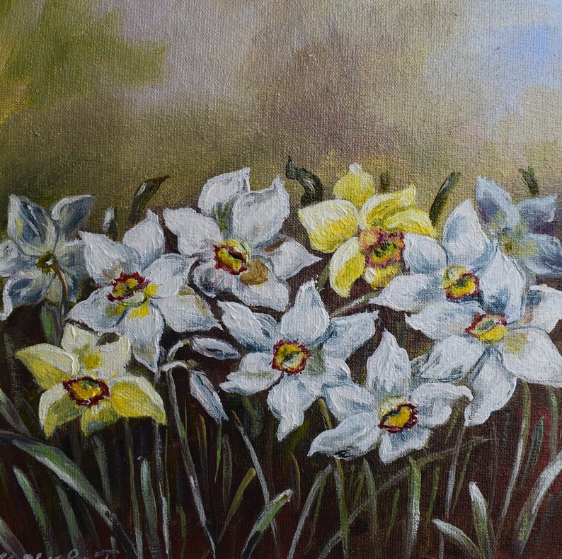 May include: A painting of a cluster of white and yellow daffodils with green stems against a brown background.