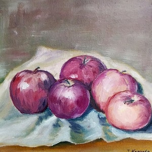 Still life with apples. Fruits. Apples oil painting. For kitchen Original fine art.  Five apples. Fruits oil painting. Contemporary painting