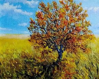 Einfaches billiges Original-Ölgemälde. Malerei des Baumes im Feld. Originale Öllandschaft für die Raumdekoration. Herbstlandschaft. Herbst. Blätter