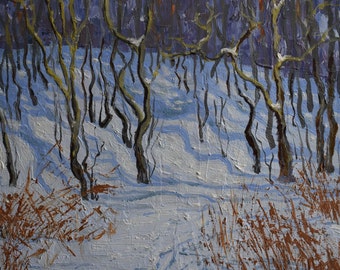 Pintura al óleo asequible de bosque invernal procedente de Ucrania. Nieve, árboles. Pintura al óleo de cielo azul. Paisaje invernal. Naturaleza invernal. Escena nevada de invierno