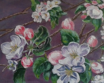 Flowers. Blossoming trees Apple tree blossom. Blooming apple tree. Original oil painting. Nature in spring painting. Apple Apple tree branch