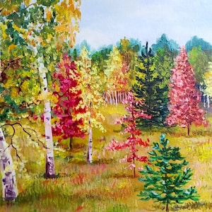 Low price piece of art from Ukraine. Autumn forest painting. Landscape. Fall mountain forest. Golden autumn. Room decor. Trees. Wild nature