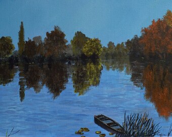 Fluss. Altes Boot. Original Ölgemälde für kleine Räume. Altes Boot. Bäume. Vernünftiger Preis. Spiegelungen im Fluss. Realismus Kunst aus der Ukraine