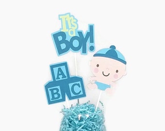 Baby Boy Centerpiece Sticks Cake Toppers Its A Boy Baby Boy with Baby Blocks Blue & Light Green Baby Shower Decor
