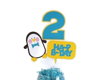 Penguin Centerpiece Sticks, Blue Penguin Cake Toppers, Boy Birthday Party Decorations Winter Wonderland Party Decorations