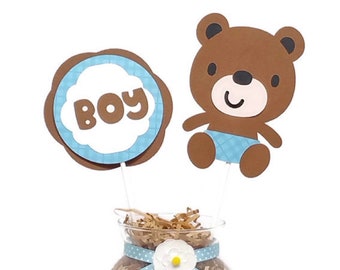 Baby Boy Little Brown Bear Centerpiece Sticks, Cake Toppers, Teddy Bear Baby Shower Party Decorations Blue Plaid