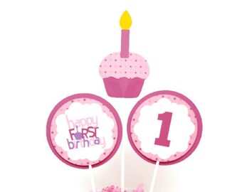 Cupcake Party Baby Girl 1st Birthday Centerpiece Sticks Party Decorations Cake Toppers PINK