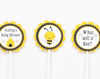 Bumble Bee Cupcake Toppers What Will It Bee Gender Reveal Cupcake Picks Yellow & Black Gender Neutral Baby Shower Party Decorations