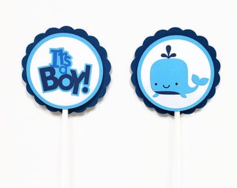 Whale Cupcake Toppers, Nautical Cupcake Toppers, Boy Baby Shower Party Decorations, It's A Boy Cupcake Toppers