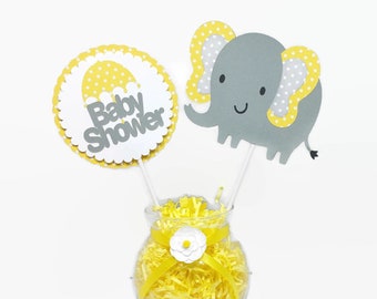 Gender Neutral Elephant Baby Shower Centerpiece Sticks, Yellow Gray Polka Dot Baby Shower Decorations, Elephant Cake Toppers