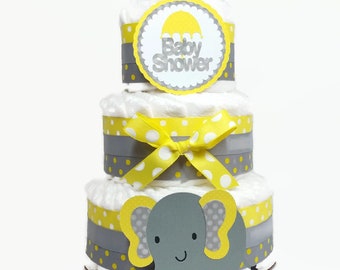 3 Tier Elephant Diaper Cake, Yellow & Gray Polka Dots, Gender Neutral Baby Shower Centerpiece, Party Decorations