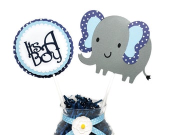 Navy Blue Boy Elephant Baby Shower Centerpiece Sticks, Elephant Cake Toppers Gray, Navy Blue & Light Blue Polka Dot Baby Shower Decorations