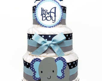 Baby Boy Elephant Diaper Cake, Navy Blue, Light Blue & Gray Polka Dot, 3 Tier Baby Shower Centerpiece, Party Decorations