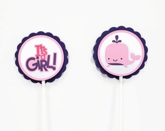 Pink Whale Cupcake Toppers, Nautical Cupcake Toppers, Girl Baby Shower Party Decorations