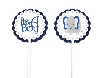 Baby Boy Elephant Cupcake Toppers Navy Blue & Gray Polka Dot Baby Shower Party Decorations Boy Elephant Cupcake Picks