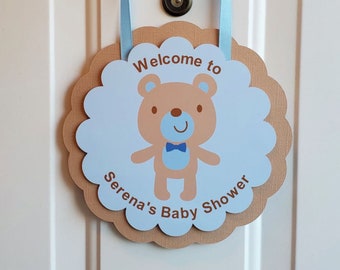 Teddy Bear Baby Shower Welcome Sign Boy Teddy Bear Door Hanger Sign Blue Baby Shower Party Decoration Personalized With Name