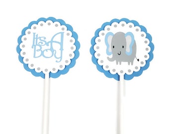 Baby Boy Elephant Cupcake Toppers Blue & Gray Polka Dot Baby Shower Party Decorations Boy Elephant Cupcake Picks