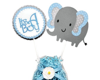 Boy Elephant Baby Shower Centerpiece Sticks, Cake Toppers, Blue & Gray Polka Dot Elephant Decorations