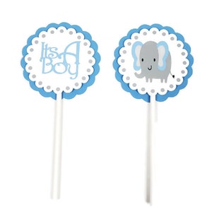 Baby Boy Elephant Cupcake Toppers Blue & Gray Polka Dot Baby Shower Party Decorations Boy Elephant Cupcake Picks