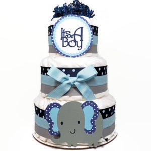 Baby Boy Elephant Diaper Cake, Navy Blue, Light Blue & Gray Polka Dot, 3 Tier Baby Shower Centerpiece, Party Decorations