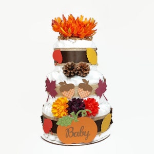 Fall Diaper Cake Baby Shower Centerpiece Gender Neutral Baby Diaper Cake With Autumn Leaves, Pumpkin, Acorns, Pine Cones, Orange Flower