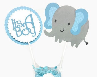 Its A Boy Elephant Centerpiece Sticks, Blue Plaid Elephant Cake Topper, Baby Shower Decorations