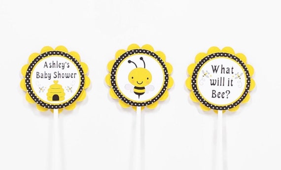Bumble Bee Cupcake Toppers What Will It Bee Gender Reveal Cupcake Picks Yellow & Black Gender Neutral Baby Shower Party Decorations Il_570xn
