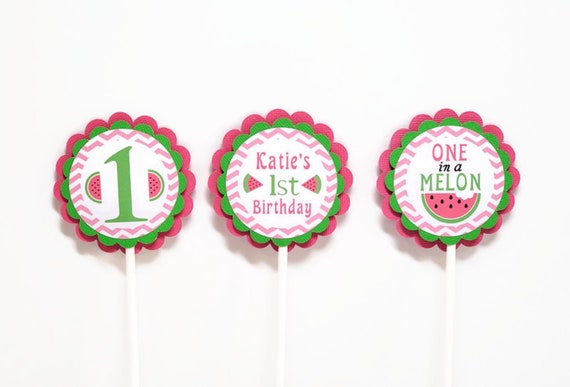Watermelon Cupcake Toppers, One in a Melon Cupcake Picks, Girl Birthday Party Decorations, Summer Birthday Decorations Il_570xn