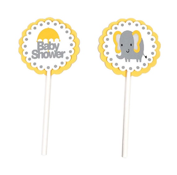 Gender Neutral Elephant Cupcake Toppers Yellow & Gray Polka Dot Baby Shower Party Decorations Gender Neutral Elephant Cupcake Picks Il_570xn