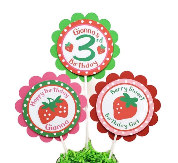 Strawberry Birthday Decorations, Strawberry Centerpiece Sticks Cake Toppers, Girl Birthday Party Decor Personalized Il_570xn