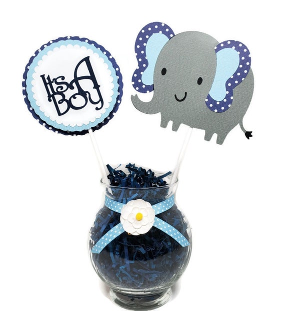 Navy Blue Boy Elephant Baby Shower Centerpiece Sticks, Elephant Cake Toppers Gray, Navy Blue & Light Blue Polka Dot Baby Shower Decorations Il_570xn