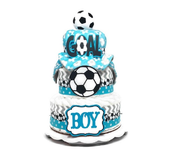 Soccer Diaper Cake, Baby Shower Centerpiece With Security Blanket, Soccer Sports Themed Boy Baby Diaper Cake, Turquoise, Gray, Black, White Il_570xn