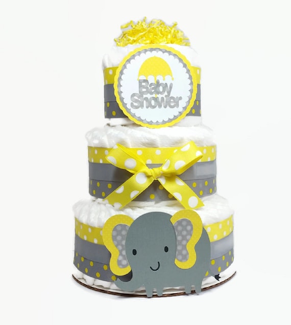 Gender Neutral Elephant Diaper Cake, Yellow & Gray Polka Dot Gender Neutral Diaper Cake, 3 Tier Baby Shower Centerpiece, Party Decoration Il_570xn