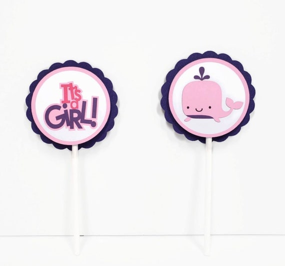 Pink Whale Cupcake Toppers, Nautical Cupcake Toppers, Girl Baby Shower Party Decorations Il_570xn