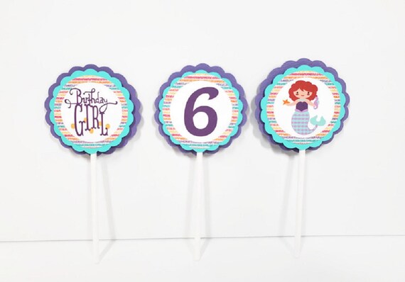 Mermaid Cupcake Toppers, Under The Sea Girl Birthday Party Decorations, Mermaid Cupcake Picks Personalized with Age Il_570xn