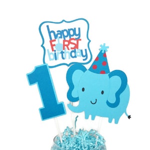 Elephant First Birthday Centerpiece Sticks, Baby Boy 1st Birthday Party Decorations, Blue Elephant Cake Toppers image 2