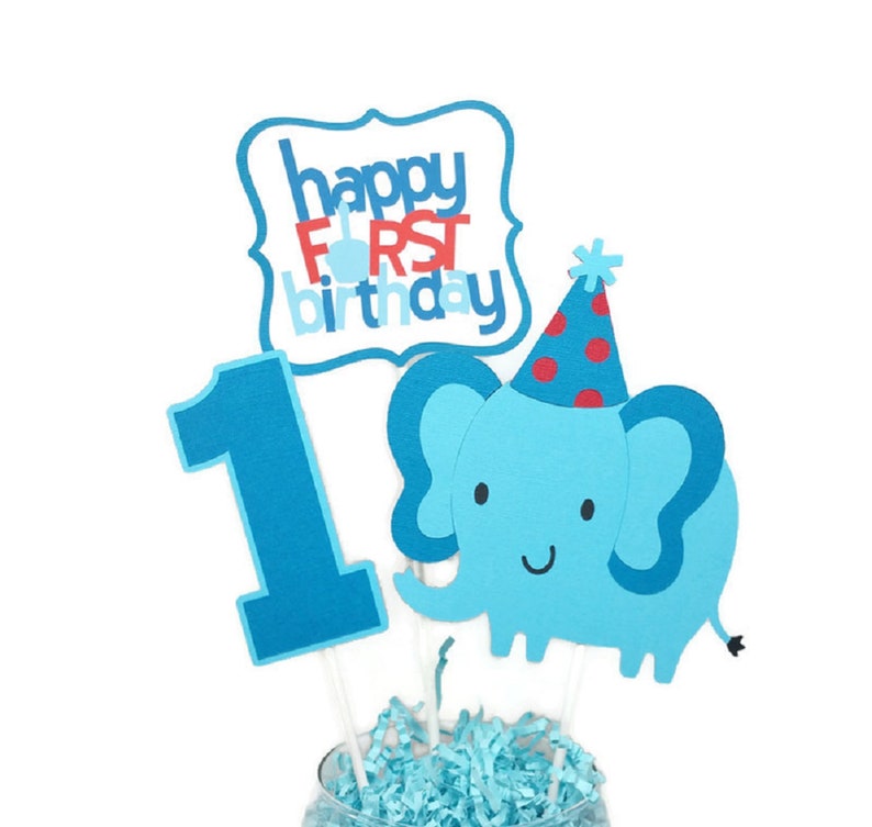 Elephant First Birthday Centerpiece Sticks, Baby Boy 1st Birthday Party Decorations, Blue Elephant Cake Toppers image 2